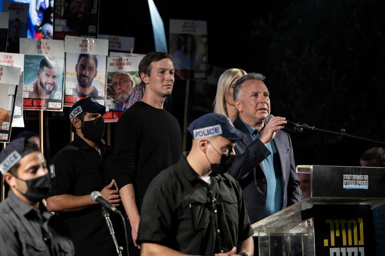 U.S. President Donald Trump's Special Representative for the Middle East, Steve Witkoff, Trump's daughter Ivanka Trump, and Trump's son-in-law and former adviser Jared Kushner attend the demonstration at Hostages Square, in Tel Aviv, Israel on Oct. 11, 2025. (AA Photo)