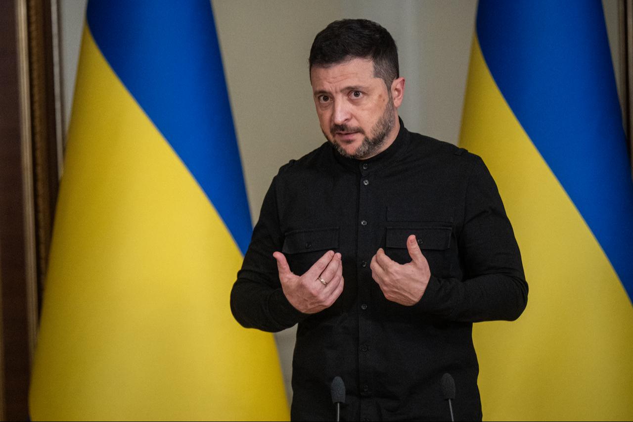 Ukrainian President Volodymyr Zelenskyy is seen speaking at a press conference after a Russian drone and missile attack on Ukraine in Kyiv, Ukraine, Oct. 10, 2025. (AA Photo)