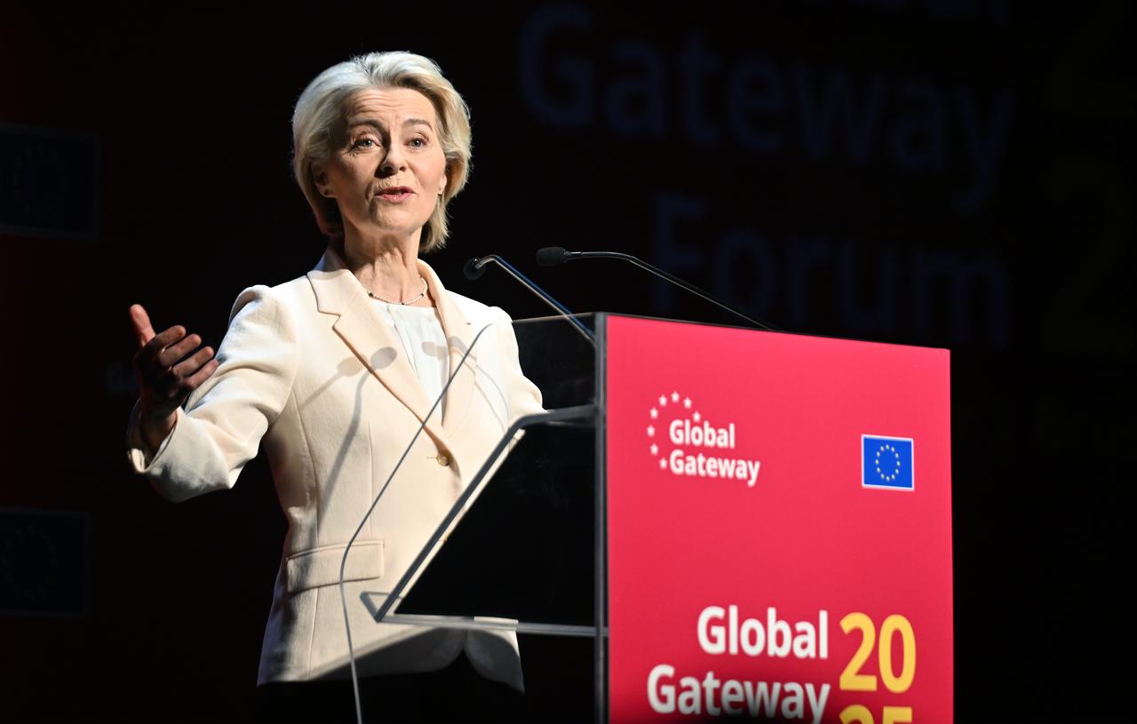 European Commission President Ursula von der Leyen makes speech during the opening of the Second Global Gateway Forum held in Brussels, Belgium on Oct. 09, 2025. (AA Photo)