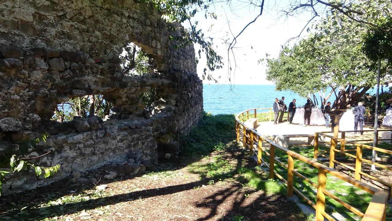 Remains of medieval fortifications and newly built wooden walkways on Giresun Island, Türkiye’s only habitable isle in the Eastern Black Sea, Oct. 13, 2025. (IHA Photo)