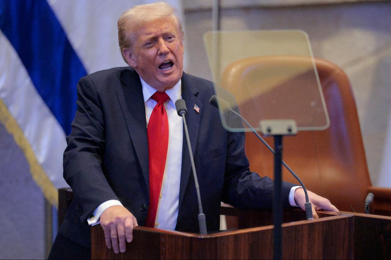 US President Donald Trump speaks at the Israeli parliament, the Knesset, in Jerusalem on October 13, 2025. (AFP Photo)