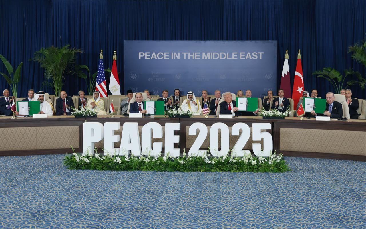 Leaders of Türkiye, the U.S., Qatar, and Egypt attend the Sharm El-Sheikh Peace Summit in Sharm El-Sheikh, Egypt, Oct. 13, 2025. (Photo via Turkish Presidency/Mustafa Kamaci)