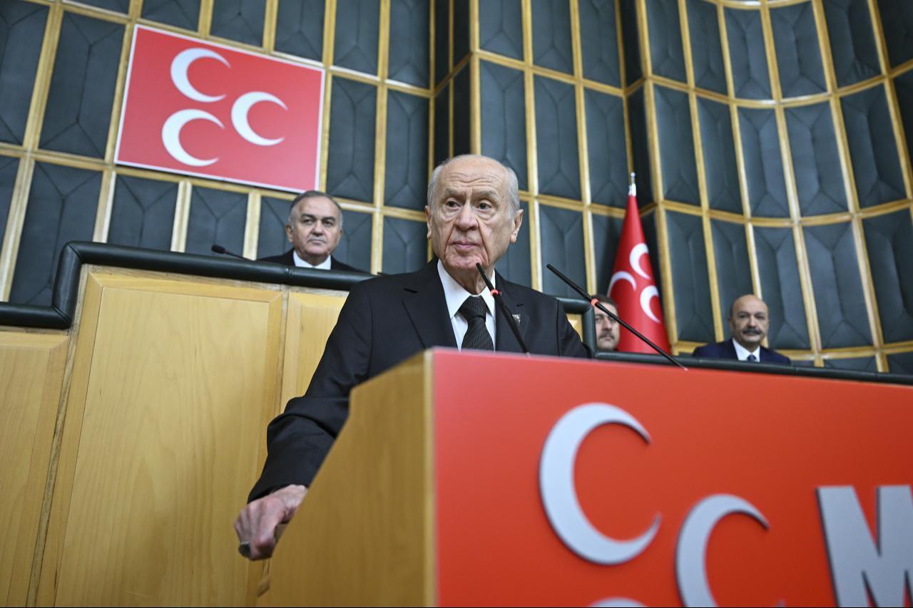 Turkiye's Nationalist Movement Party (MHP) leader Devlet Bahceli makes a speech at the Turkish Grand National Assembly in Ankara, Turkiye on Oct. 14, 2025.  (AA Photo)