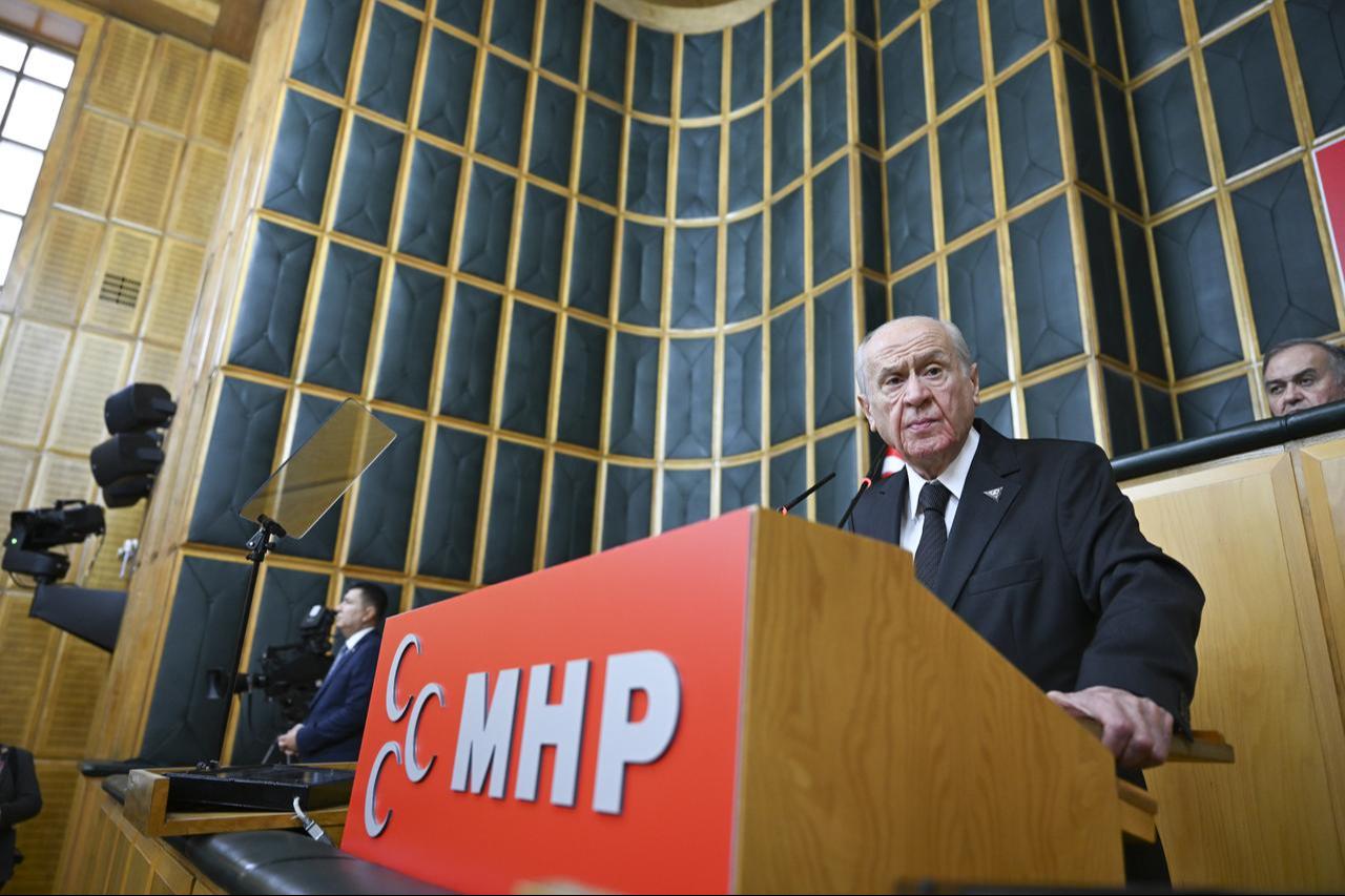 Türkiye's Nationalist Movement Party (MHP) leader Devlet Bahceli makes a speech during his party's group meeting at Turkish Parliament in Ankara, Türkiye, Oct. 14, 2025. (AA Photo)