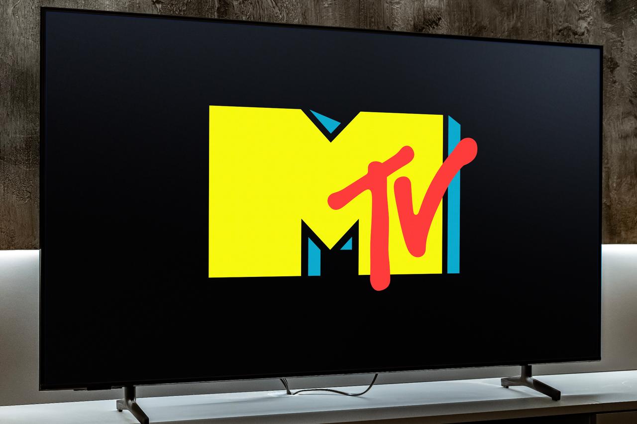A flat-screen television showing the MTV logo. (Adobe Stock Photo)