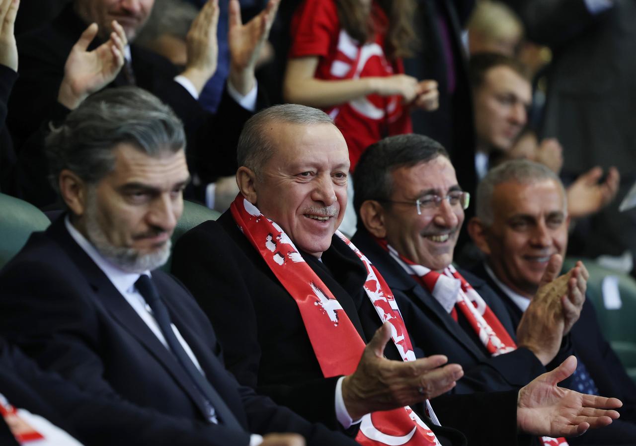 Turkish President Recep Tayyip Erdogan and President of Georgia Mikheil Kavelashvili follow 2026 FIFA World Cup European Qualifiers Group E football match between Türkiye and Georgia at Kocaeli Stadium in Kocaeli, Türkiye on Oct. 14, 2025. (Turkish Presidency / AA Photo)