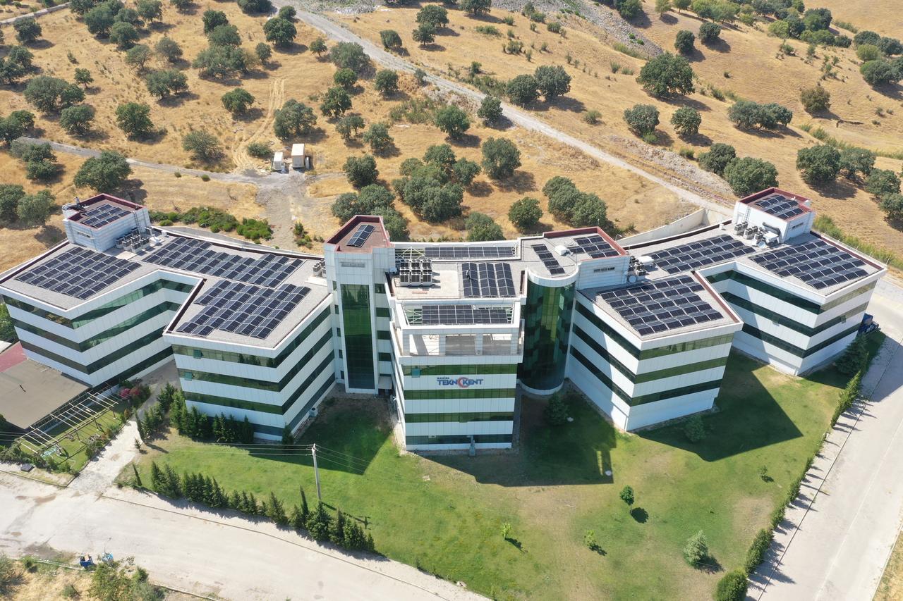 The aerial photo shows the rooftop solar power plant (SPP) project at Manisa Celal Bayar University in Manisa, Türkiye. (AA Photo)