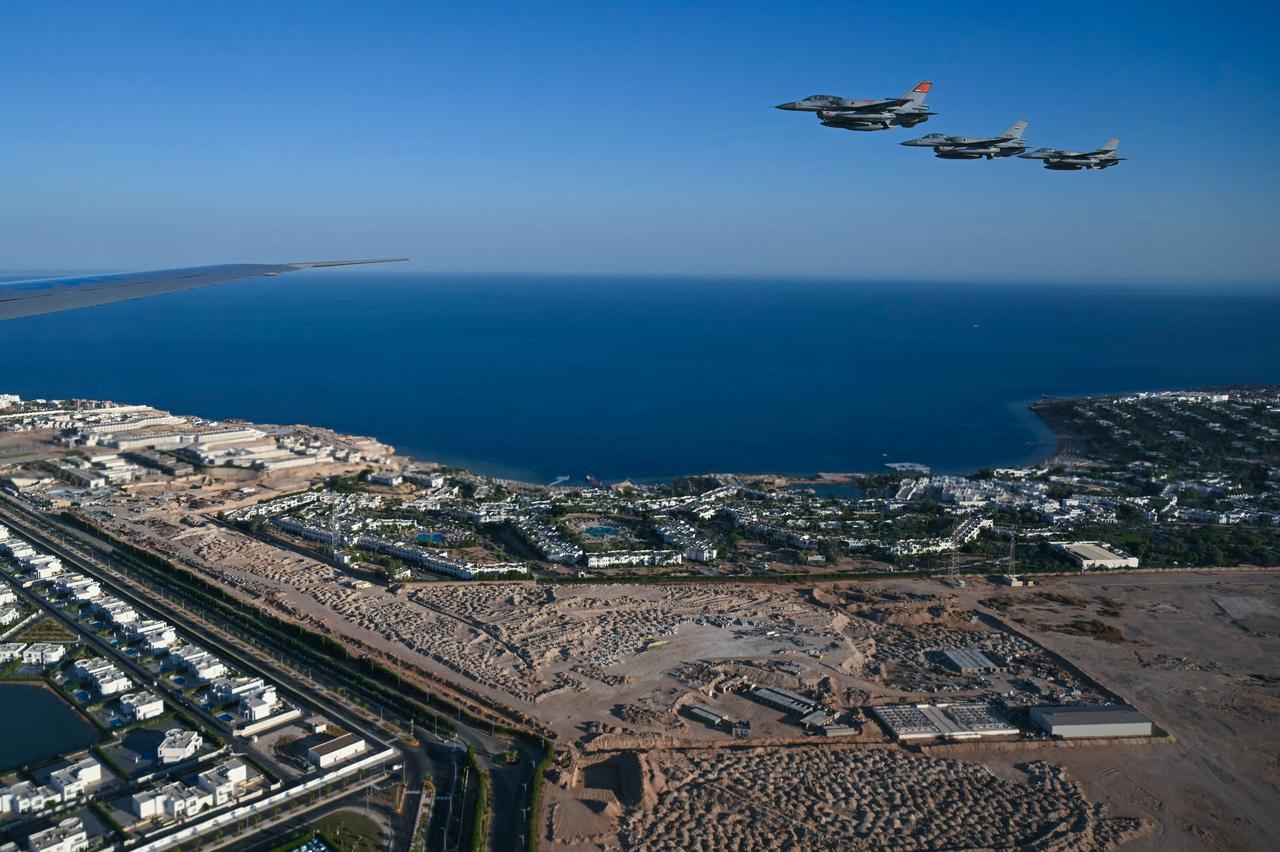 Egyptian fighter jets escort the Air Force One with U.S. President Donald Trump onboard as it prepares to land at Sharm el-Sheikh International Airport in Sharm el-Sheikh, October 13, 2025. (AFP Photo )