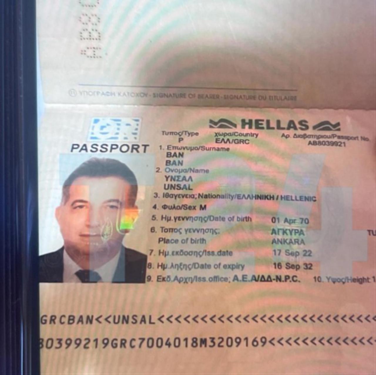 Photo shows Greek passport reportedly belonging to Unsal Ban, accessed on Oct. 15, 2025. (Photo via T24)