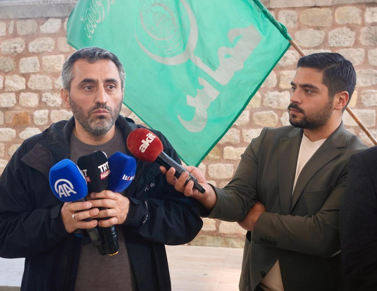 Yusuf Ziya Catakli, head of the Media Platform, delivered a speech at a funeral prayer held in absentia for journalist Saleh al-Jaafrawi in Istanbul, Fatih,  October 14, 2025. (AA Photo )