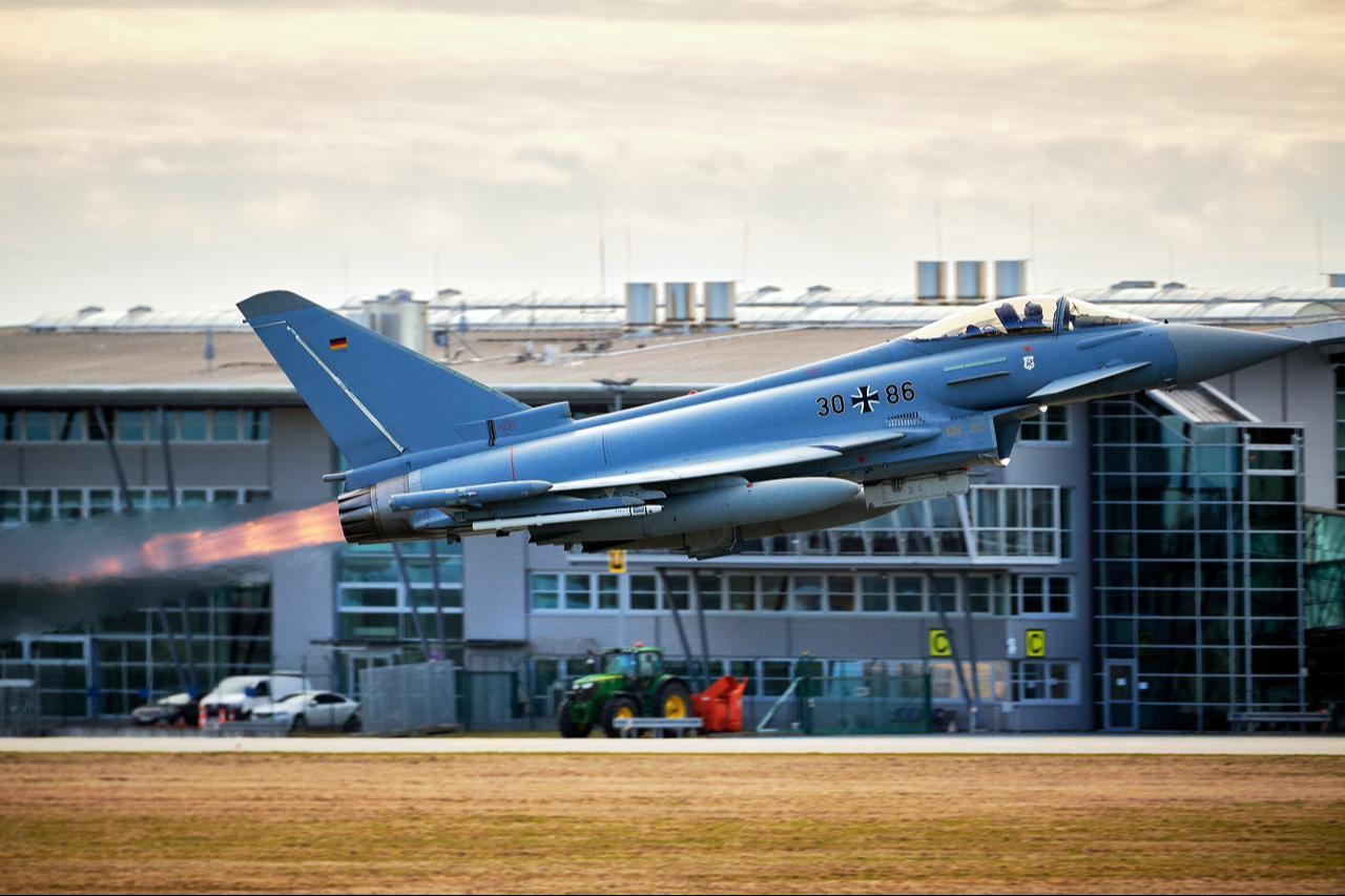An Eurofighter Typhoon fighter jet taking off with afterburner in Laage, Germany on June 2 2024. (Adobe Stock Photo)