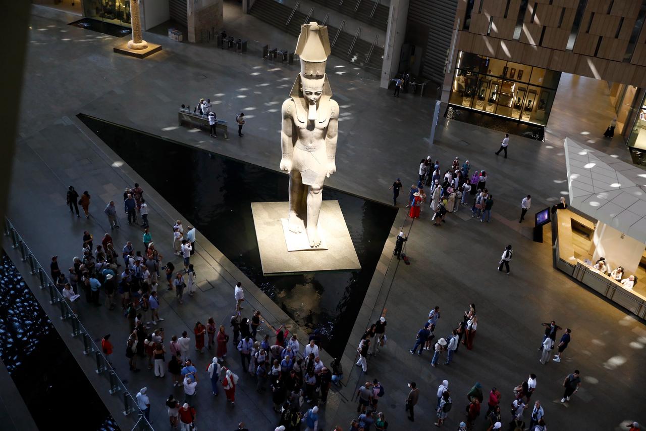 An aerial view of as tourists visit the Grand Egyptian Museum, located near the Pyramids of Giza, in Giza, Egypt, Oct. 14, 2025. (AA Photo)
