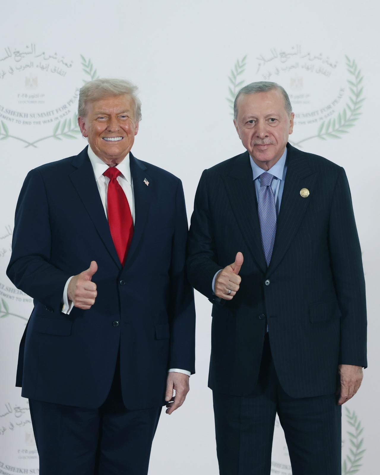 President Erdogan and U.S. President Donald Trump share a light moment with an 'OK' hand gesture during the 2025 Gaza Peace Summit in Sharm el-Sheikh, Egypt, on October 13, 2025 (Photo by the Turkish Presidency's Communications Directorate)
