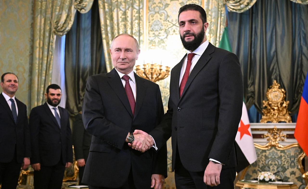 Syrian President Ahmed al-Sharaa meets with Russian President Vladimir Putin in Moscow, Russia, October 15, 2025. (Photo via Kremlin Press Service)