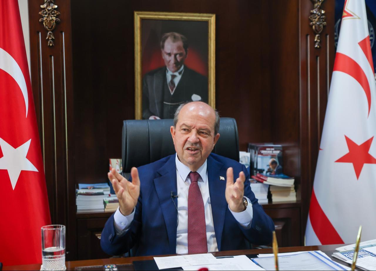 President of the Turkish Republic of Northern Cyprus (TRNC) Ersin Tatar speaking to a reporter in Nicosia, TRNC, on Oct. 14, 2024. (AA Photo)