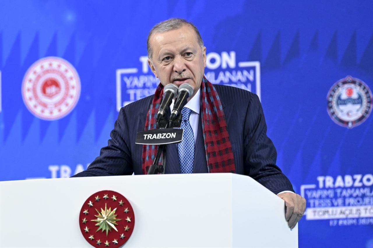 President Recep Tayyip Erdogan speaks during the opening ceremony of newly-built facilities and projects in Trabzon, Türkiye at Hayri Gur Sports Hall on Oct. 12, 2025. (AA Photo)