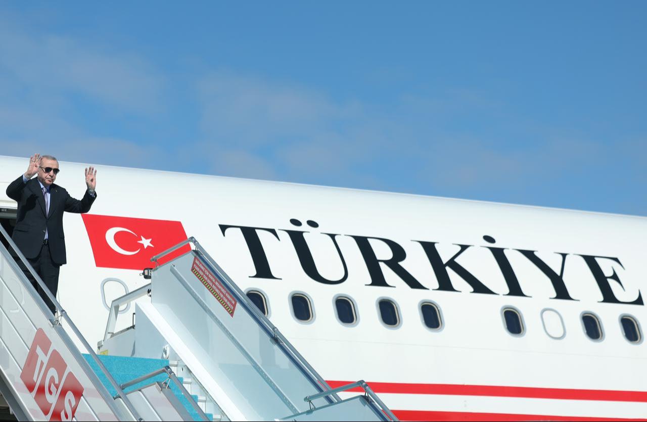 President Erdogan greets officials as he departs for the Egypt to attend the Sharm El Sheikh Peace Summit at the Esenboga Airport in Ankara, Türkiye, Oct. 13, 2025.  (Photo via Turkish Presidency/Mustafa Kamaci)