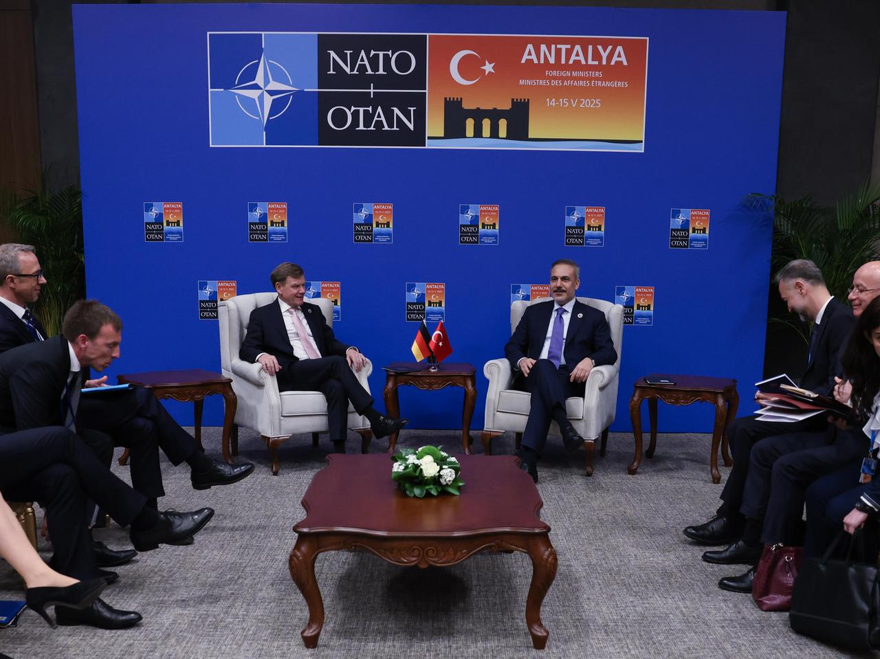 Turkish Foreign Minister Hakan Fidan (R) and German Foreign Minister Johann Wadephul (L) hold a meeting as part of the NATO Foreign Ministers' Informal Meeting held at the NEST Congress Center in Belek, Antalya, Türkiye on May 15, 2025. (Turkish Foreign Ministry / HO / AA Photo)