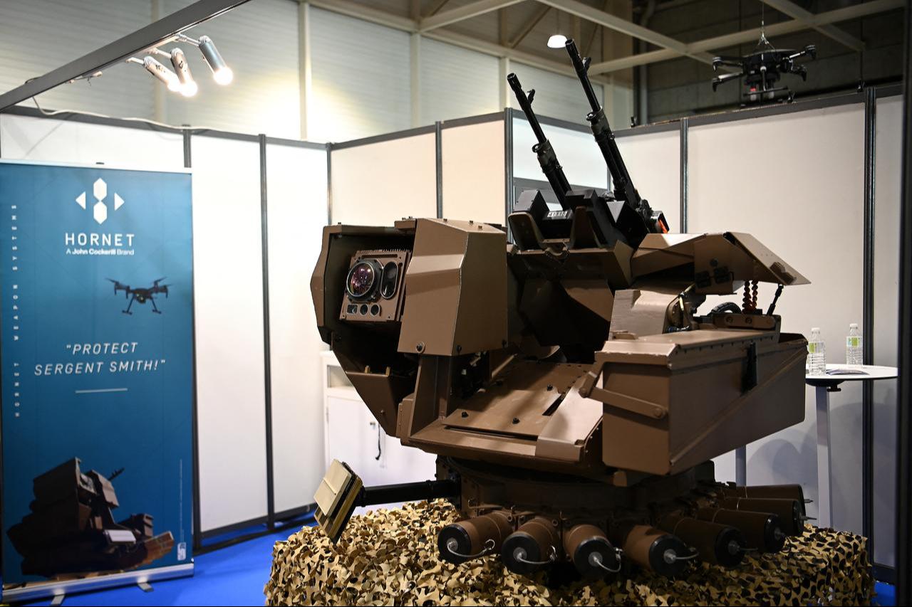 A remotely-controlled turret equipped with an anti-drone kit, designed by Hornet, a subsidiary of Belgian company John Cockerill, at European drones and autonomous systems Exhibition in Bordeaux, France, Oct. 14, 2025. (AFP Photo)
