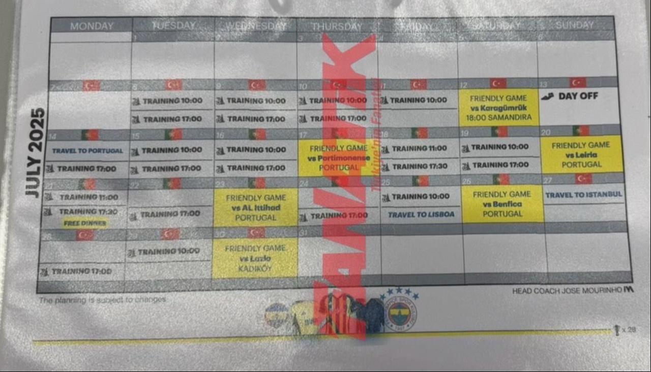 An internal preseason training schedule prepared by Jose Mourinho’s staff for July 2025 shows Fenerbahce’s planned double daily sessions and friendly matches in Portugal. (Photo via X/@Sametcayir)