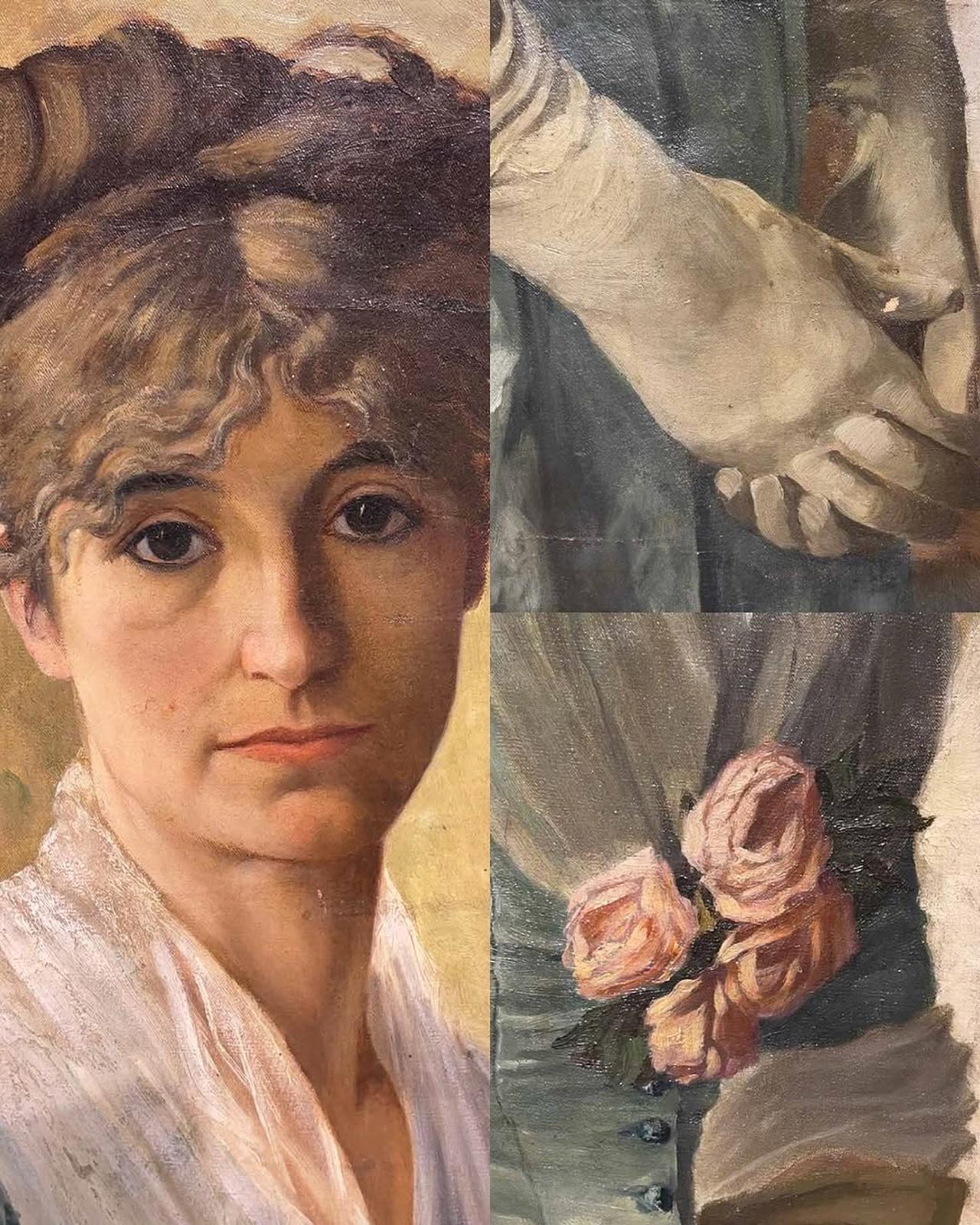 Detail views of "The Portrait of Naile Hanim" by Osman Hamdi Bey, showing the sitter’s face, hands, and floral adornment, Istanbul, Türkiye, October 16, 2025. (Photo via Instagram / @milliyet_sanat)