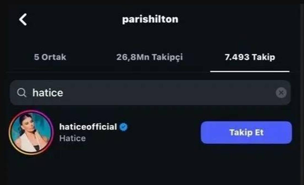 Screenshot showing Paris Hilton’s Instagram account following Turkish singer Hatice’s verified profile, highlighting Hilton’s selective follow list of 7,493 accounts. (Photo via Instagram)