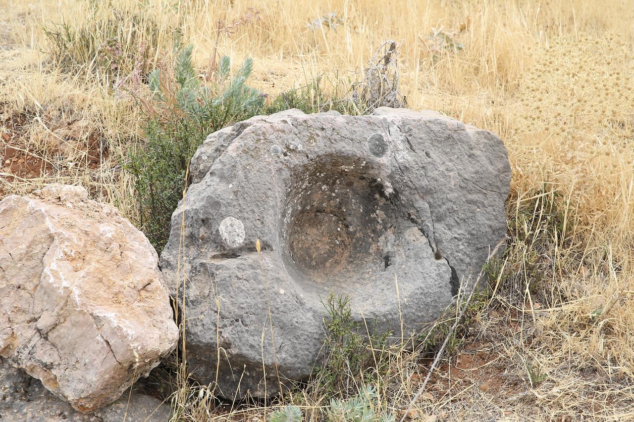 A carved stone basin, thought to have been part of a grape press installation, is seen at the Roman-era settlement discovered in rural Adiyaman, southeastern Türkiye, Oct. 16, 2025. (AA Photo)