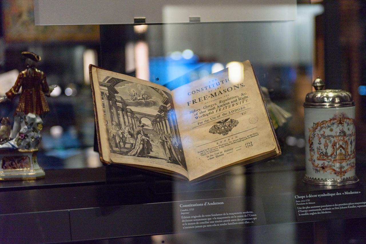 A display featuring the 1723 Constitutions of the Free-Masons at the Musee de la Franc-Maconnerie in Paris, France, March 30, 2018. (Adobe Stock Photo)