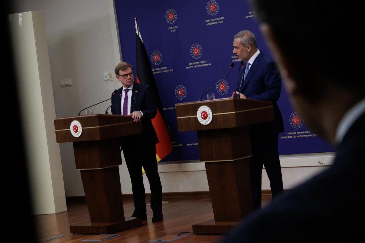Turkish Foreign Minister Hakan Fidan (R), German Foreign Minister Johann Wadephul (L) hold a joint press conference following their meeting at the Turkish Ministry of Foreign Affairs in Ankara, Türkiye on October 17, 2025. (AA Photo)