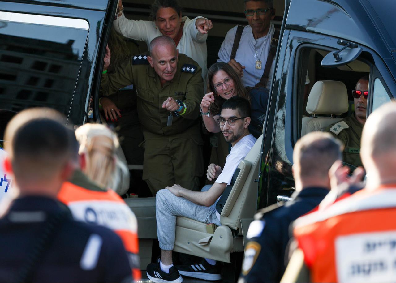 Released Israeli male hostage Eviatar David is being brought at Beilinson Hospital by helicopter in Petah Tikva, Israel, October 13, 2025. (AA Photo)