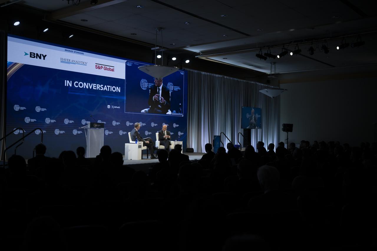 Turkish Treasury and Finance Minister Mehmet Simsek attends the G20, IMF, and World Bank meetings, making remarks on the Turkish economy at the Institute of International Finance's (IIF) Annual Membership Meeting, in Washington, United States on Oct. 17, 2025. (AA Photo)