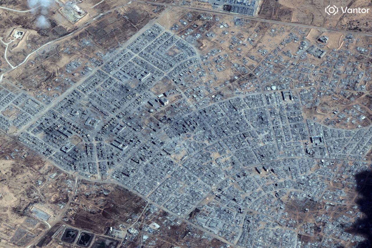 This handout satellite image courtesy of Vantor, shows a view of the destruction in Rafah in the southern Gaza Strip on October 10, 2025. (Photo by Satellite image ©2025 Vantor/AFP)