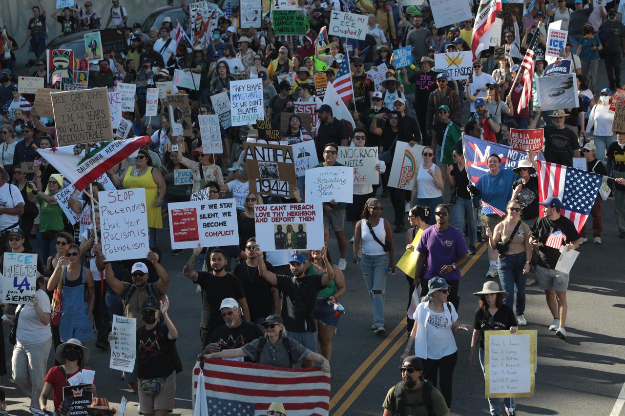 Hundreds of people gather for a “No Kings” protest at the City Hall in Los Angeles, California, United States, on Oct. 18, 2025. (AA Photo)