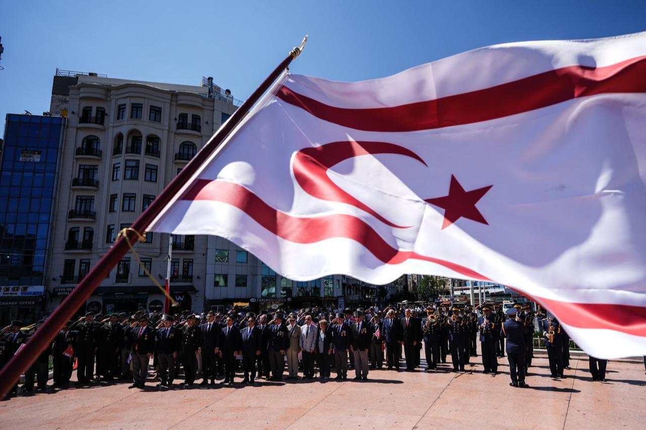 The TRNC flag flies as veterans of the Cyprus Peace Operation join dignitaries for a ceremony, Istanbul, Türkiye, July 20, 2025. (AA Photo)