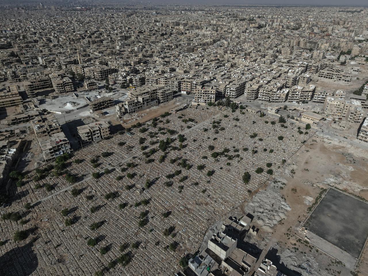 An aerial view of the Yarmouk Cemetery, which was destroyed by the ousted Bashar al-Assad regime and its supporters in Damascus, Syria, September 23, 2025. (AA Photo)