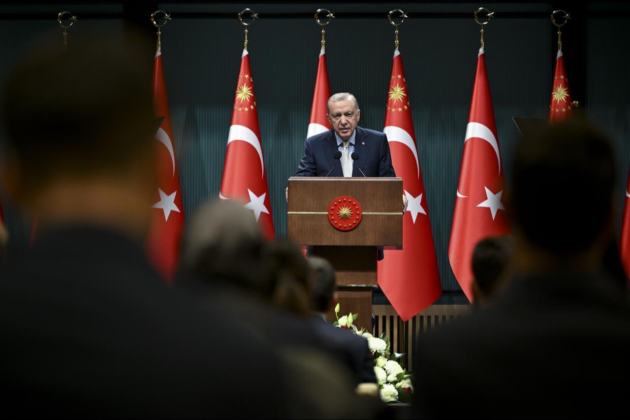 President Recep Tayyip Erdogan delivers a speech during press conference after Cabinet Meeting at Presidential Complex in Ankara, Türkiye,  October 15, 2025. (AA Photo)
