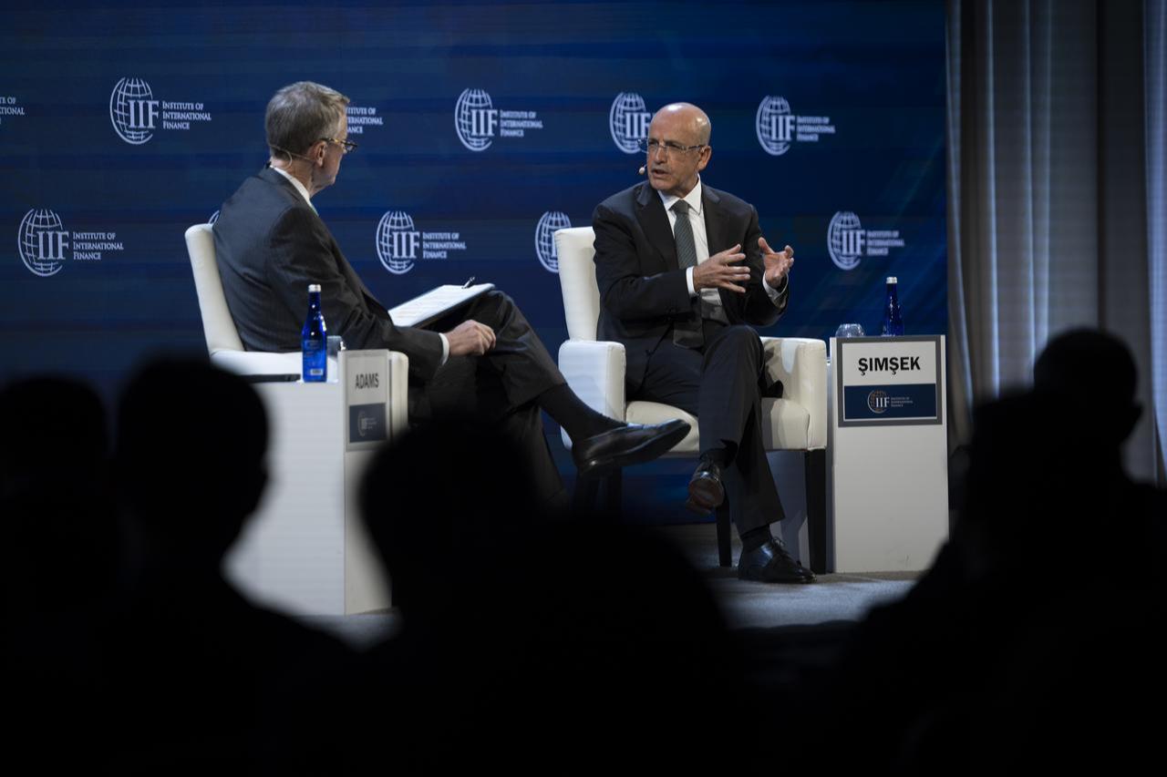 Turkish Treasury and Finance Minister Mehmet Simsek makes remarks on the Turkish economy at the Institute of International Finance's (IIF) Annual Membership Meeting, October 17, 2025. (AA Photo)