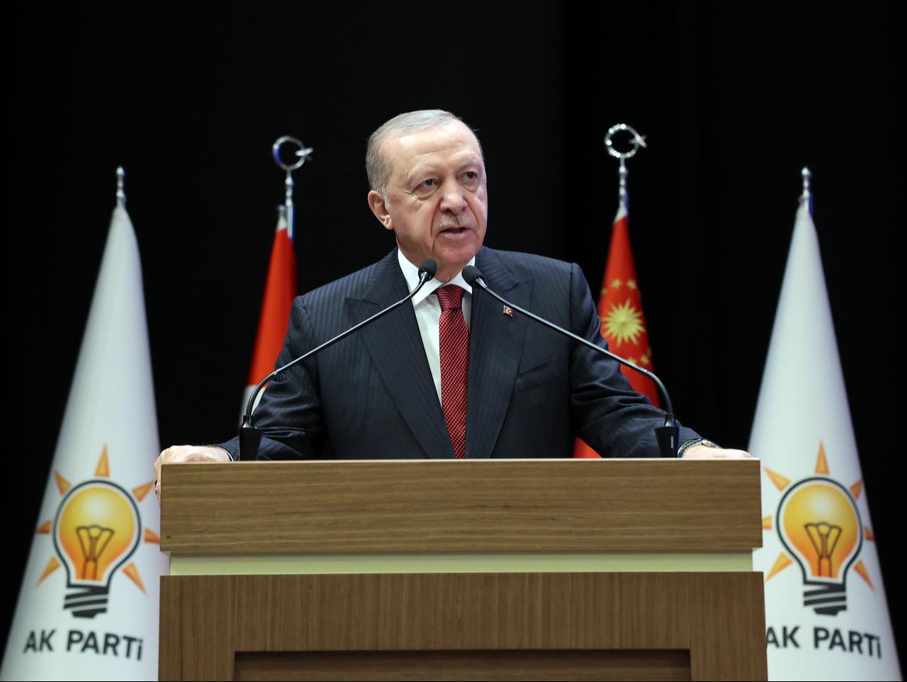 President and leader of the Justice and Development (AK) Party Recep Tayyip Erdogan makes a speech at AK Party Headquarters in Ankara, Türkiye, Oct. 2, 2025. (Photo via Turkish Presidency/Mustafa Kamaci)