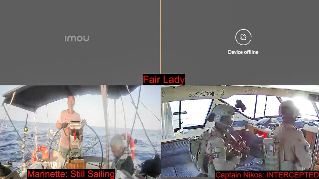 CCTV videolarından yakalanan bir ekran yakalama, 02 Ekim 2025, Gazze'ye doğru yelken açtığı gibi, küresel Sumud Flotilla'nın bir parçası olan İsrail Kuvvetleri'ne binen kaptan Nikos Vessel'i gösteriyor. (Fotoğraf Global Sumud Flotilla üzerinden)