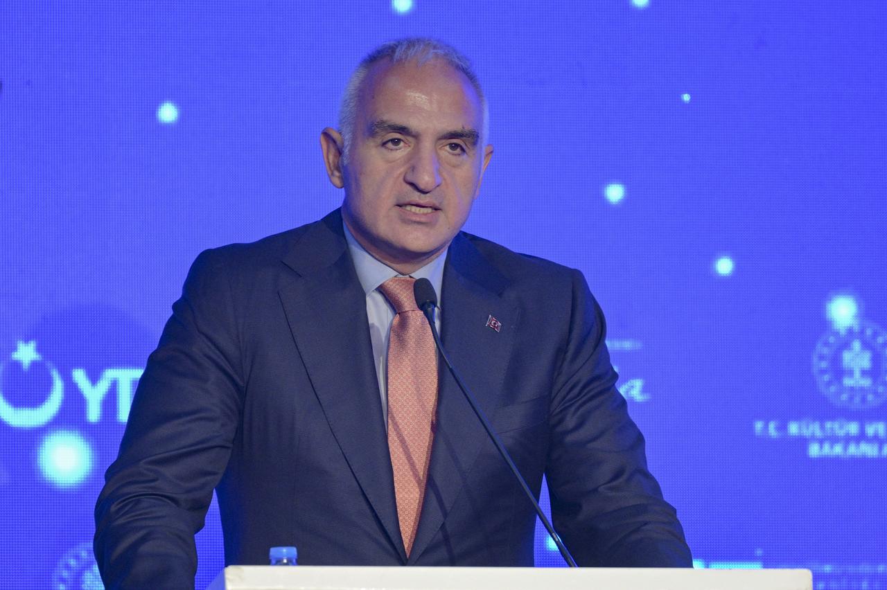 Culture and Tourism Minister Mehmet Nuri Ersoy delivers a speech during the 15th anniversary gala of the Presidency for Turks Abroad and Related Communities (YTB) in Ankara, Türkiye, Oct. 1, 2025. (AA Photo)