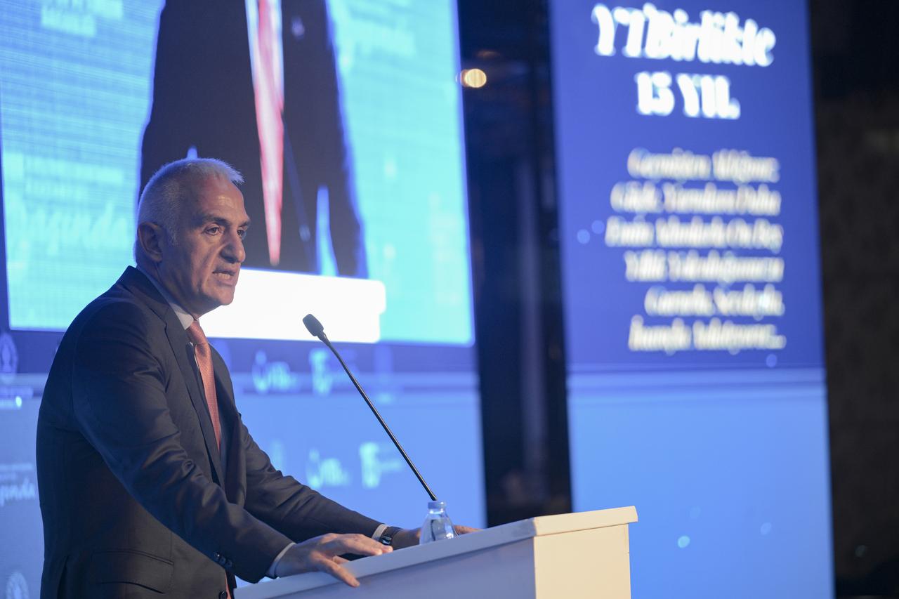 Culture and Tourism Minister Mehmet Nuri Ersoy delivers a speech during the 15th anniversary gala of the Presidency for Turks Abroad and Related Communities (YTB) in Ankara, Türkiye, Oct. 1, 2025. (AA Photo)