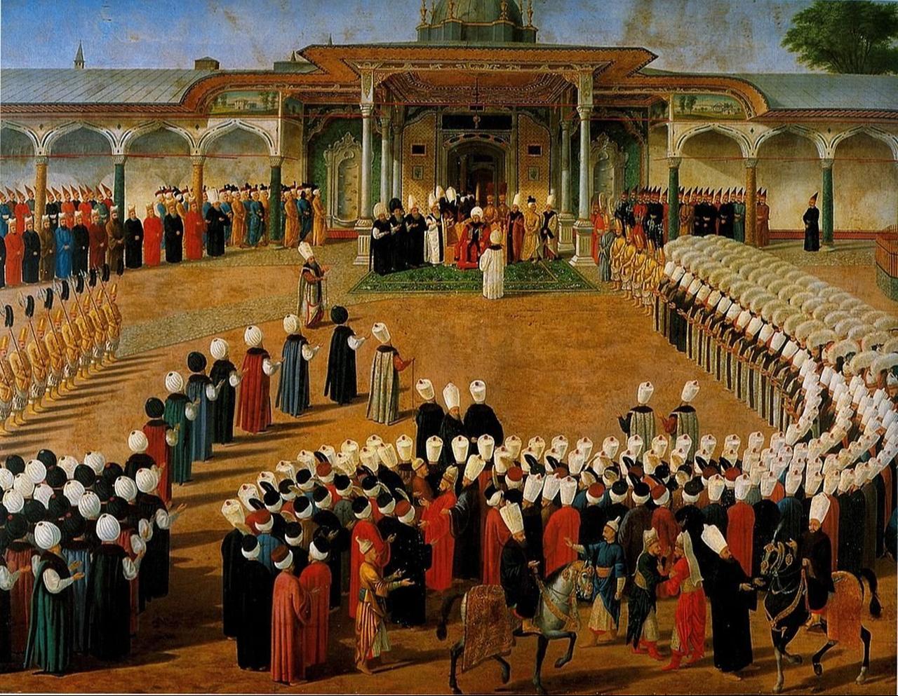 A painting depicts Sultan Selim III accepting the allegiance by sitting on a throne placed in front of the Bab-i Humayun (Imperial Gate) in the Topkapi Palace, Istanbul. (Photo via Wikimedia)