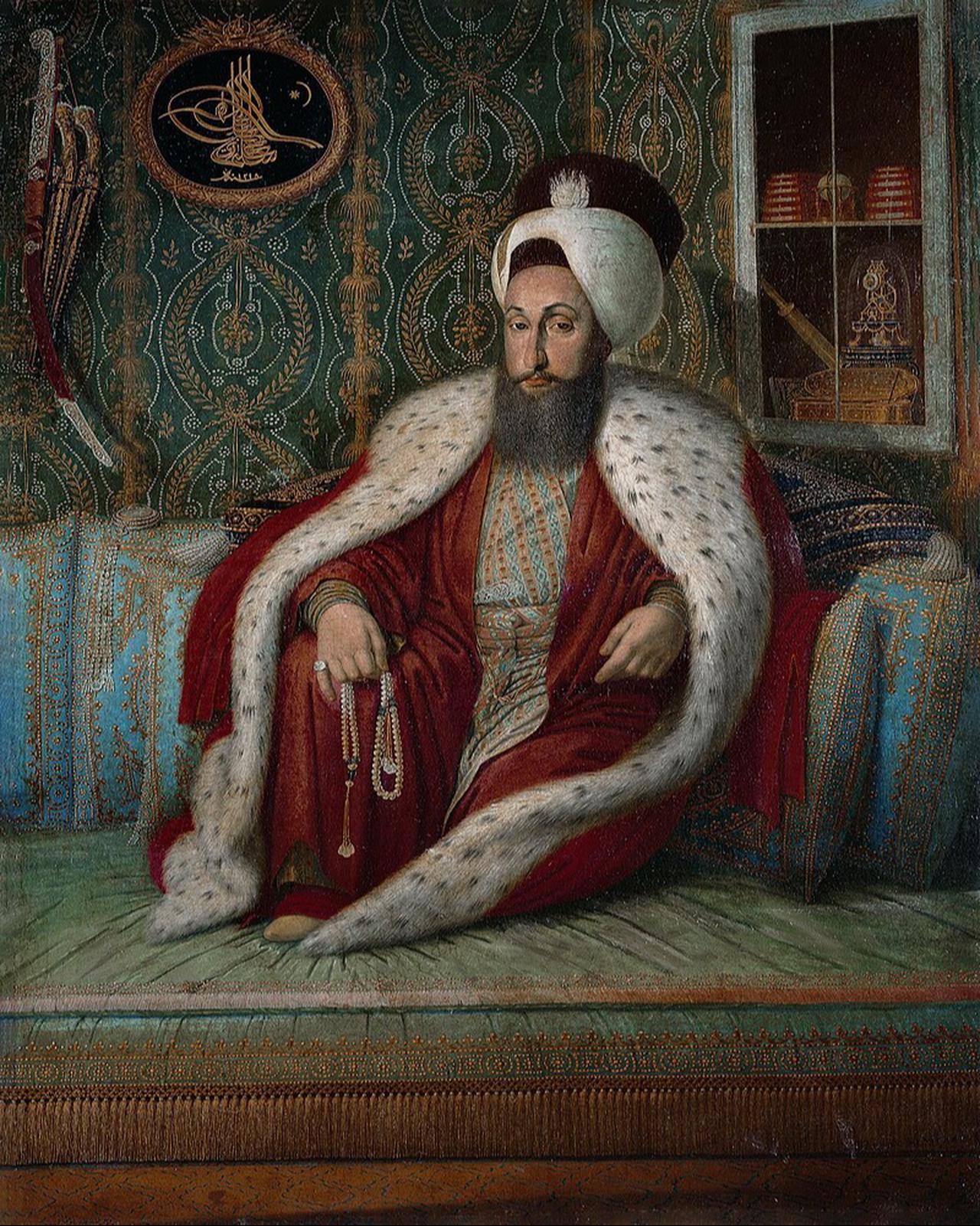 Konstantin Kapidagli, “Portrait of Sultan Selim III” (1803). Commissioned by the Ottoman ruler, this work captures Selim in traditional robes with symbols of knowledge, faith, and power around him. Today, the painting is displayed in the Hall of Sultan’s Portraits at TopkapıiPalace, Istanbul. (Image via Wikimedia)