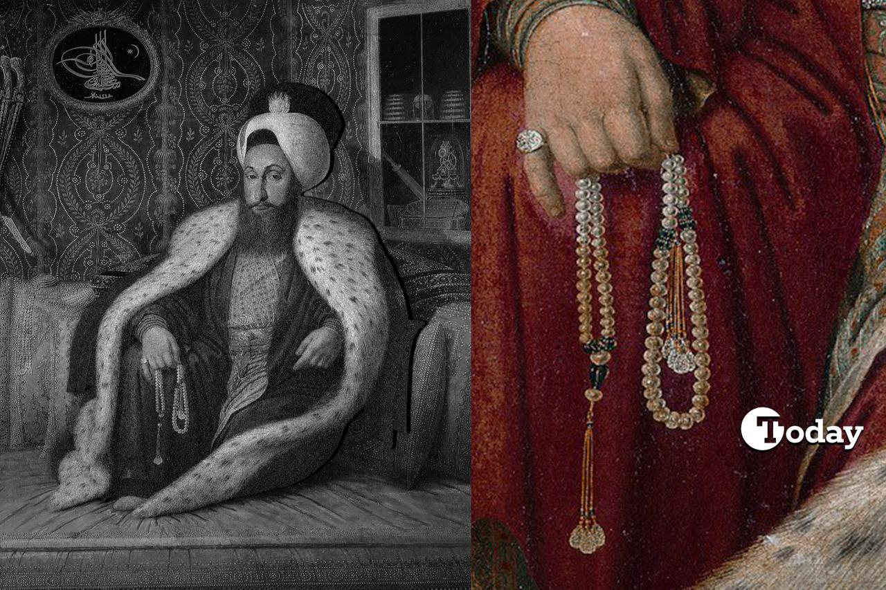 Sultan Selim III depicted with his pearl and emerald tespih, symbolizing his devotion and spiritual life. (Photo collage by Mehmet Akbas/Türkiye Today)