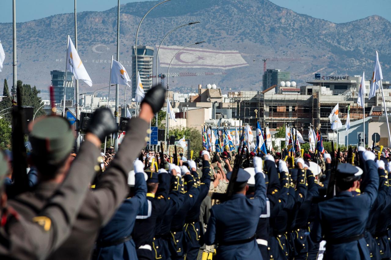 Greek Cypriot soldiers march during a military parade in Nicosia on October 1, 2025. (AFP Photo)