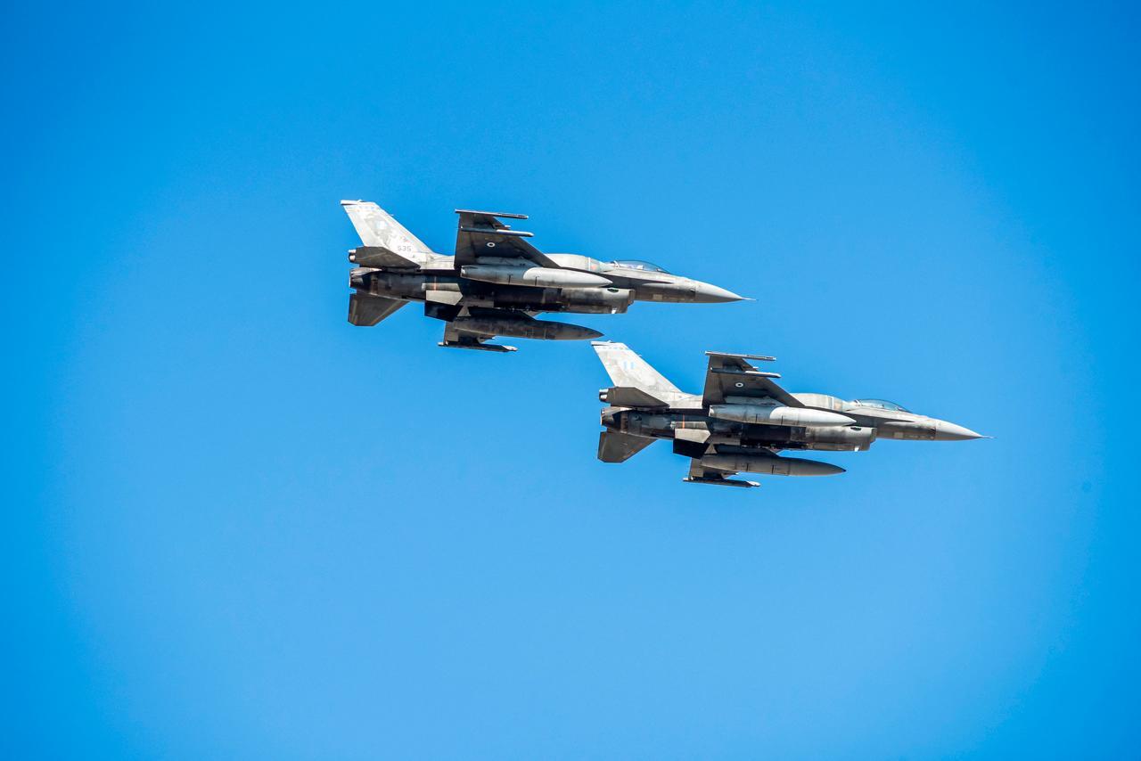 Greek F-16 fighter jets fly over Nicosia during a military exercise on October 1, 2025. (AFP Photo)