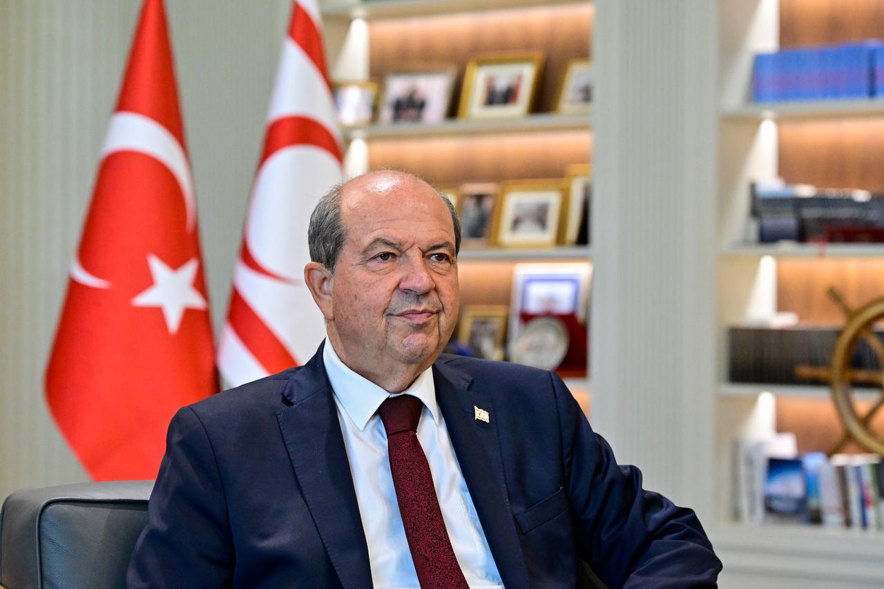 Turkish Republic of Northern Cyprus (TRNC) President Ersin Tatar speaking to the press at the TRNC Presidential Complex on Oct. 2, 2025. (AA Photo)