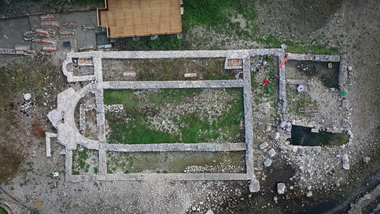 An aerial view of the Sunken Byzantine Basilica at Lake Iznik, as preparations for the visit of Pope Leo XIV, spiritual leader of Catholics and Head of the Vatican State continue, in Bursa, Türkiye, Oct. 19, 2025. (AA Photo)