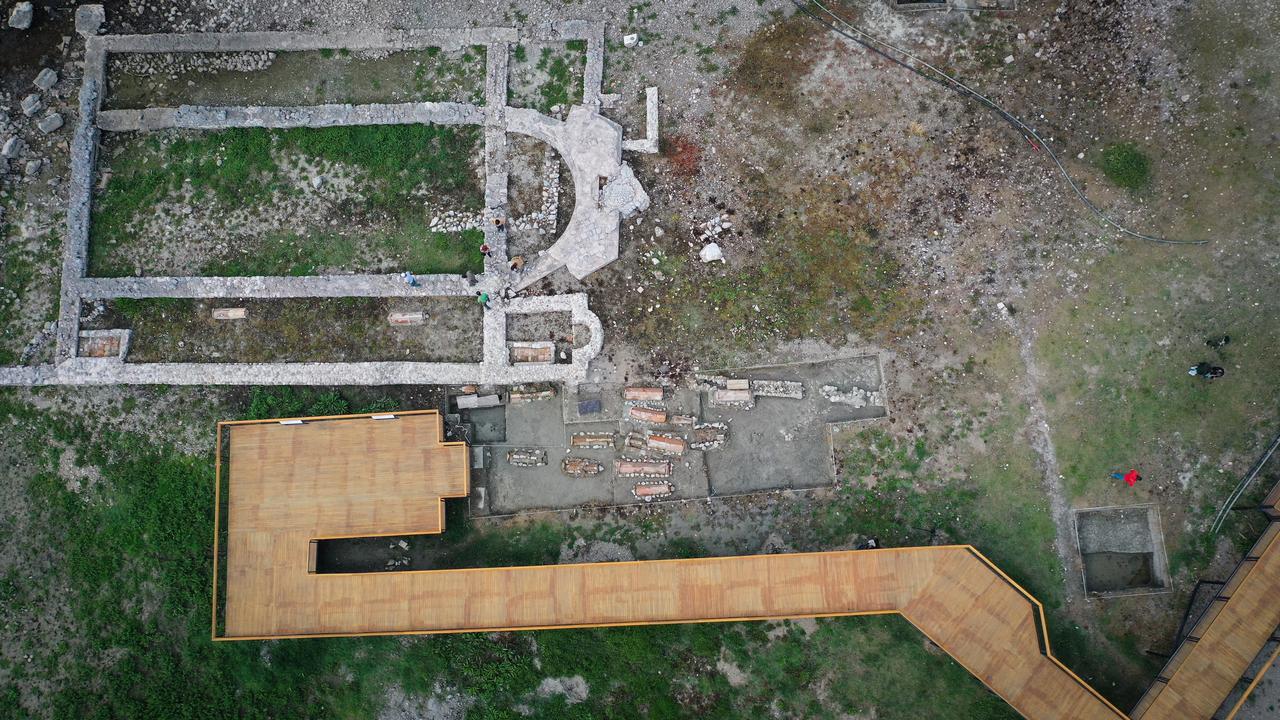 An aerial view of Sunken Byzantine Basilica at Lake Iznik, as preparations for the visit of Pope Leo XIV, spiritual leader of Catholics and Head of the Vatican State continue, in Bursa, Türkiye, Oct. 19, 2025. (AA Photo)