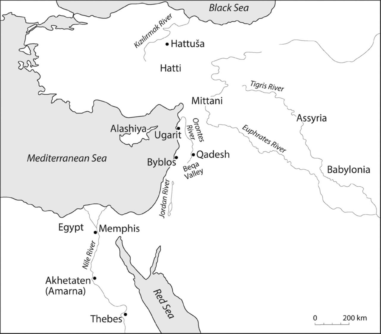 Map showing Akhetaten (Amarna) and major Late Bronze Age centers across the eastern Mediterranean. (Modified after Cohen and Westbrook 2000)